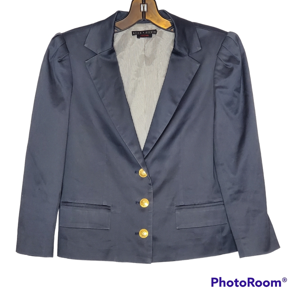 Alice + olivia employed navy waist blazer gold buttons padded shoulders small